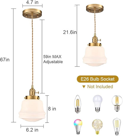 Industrial Milk Glass Pendant Light Fixture, Vintage Brass Adjustable Schoolhouse Hanging Light, Retro Mid Century Pendant Lighting for Kitchen Island Hallway Schoolhouse Dining Room Bedroom