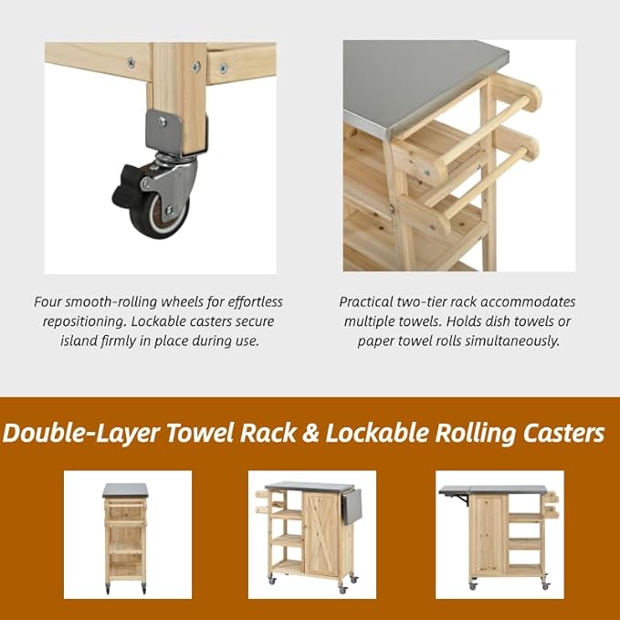 MERITLINE Foldable Outdoor Kitchen Island with Stainless Steel Top, Lockable Rolling Casters & Towel Rack, Mobile BBQ Prep Cart with Open Shelves and Hidden Cabinet for Patio, Balcony, Natural