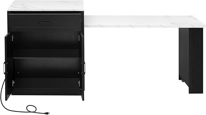 Modern Dining Table 82.7 Inch Kitchen Island with Extendable Table for 4-6 Person, Two-Tone Wood Console with Power Outlet, Counter for Living Room,Black-Wood