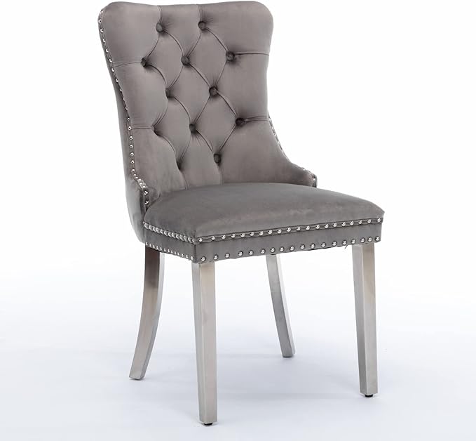 Ball & Cast Contemporary Upholstered Dining Chairs Set of 2, Velvet Button Tufted Kitchen Side-Chairs with Hang Ring & Nailhead Trims & Chrome Solid Wood Legs, 2-Piece Traditional Chair, Chrome+Gray