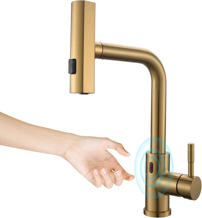 CENOSA Touchless Kitchen Faucet Motion Sensor Hands Free Single Handle Kitchen Sink Faucet with Pull Down Sprayer Brusshed Gold