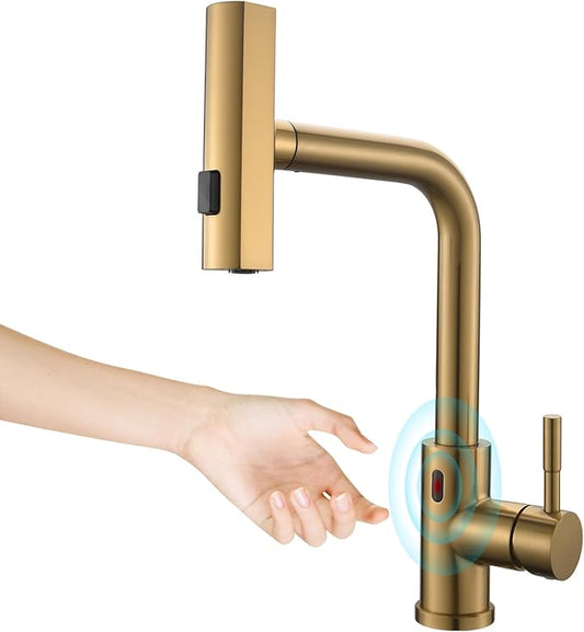CENOSA Touchless Kitchen Faucet Motion Sensor Hands Free Single Handle Kitchen Sink Faucet with Pull Down Sprayer Brusshed Gold