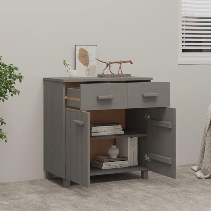 Sideboard Light Grey Solid Pine Wood, 31.1 x 15.7 x 31.5 in Buffet Cabinet with Drawers, Modern Storage for Dining Room Kitchen Furnitur