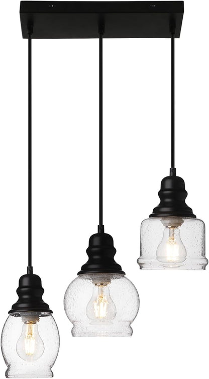 WILON Industrial Pendant Lighting, Pendant Lights for Kitchen Island 3 Light Glass Pendant Light Fixture with Seeded Glass Shade, Adjustable Cord Farmhouse Ceiling Light Black finish Linear Chandelier