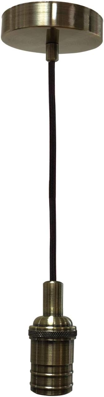 Royal Designs, Inc. Hanging Pendant Lighting, Vintage-Style Keyless Pendant Light Socket and Canopy, Antique Brass with Brown Rayon Fabric Cord