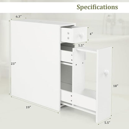 Nightcore Narrow Bathroom Storage Cabinet, Multi-Functional Storage Organizer with Drawers, Double Door, Shelves & Toilet Paper Holder, Space-Saving Storage Cabinet for Toilet, Kitchen,(White)