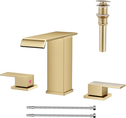 AVSIILE Waterfall Bathroom Faucet 3 Hole, Brushed Gold 8 Inch Widespread Modern 3 Piece Bathroom Sink Faucets & Parts, Touch On Lavatory Faucet for Bathroom Vanity
