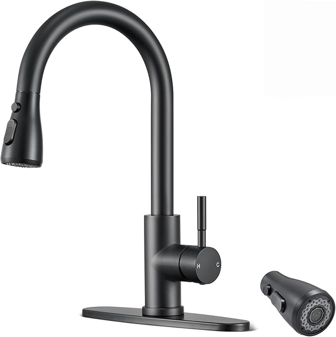 Matte Black Kitchen Faucets with Spray Head Replacement, High Arc Single Handle Stainless Steel Kitchen Sink Faucet for 1 or 3 Hole, Ideal for Farmhouse RV Laundry Bar Camper & Commercial