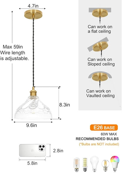 Vintage Pendant Lights for Kitchen with Clear Embossed Glass Shade, Brushed Gold Pendant Lights Kitchen Island, Adjustable Light Pendant Hanging Light for Entrance Bedroom Hallway,E26 Socket
