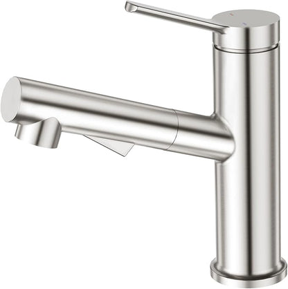 Faustina Single Hole Bathroom Faucet with Pull Out Sprayer, Brushed Finish Bathroom Sink Faucet for Vanity or Laundry, Stainless Steel 1 Handle with Deck Plate for 1 or 3 Hole