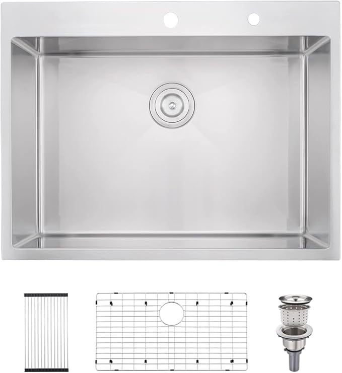 25 x 22 Inch Drop in Kitchen Sink 16 Gauge Stainless Steel Kitchen Sink 2-Holes 10 inch Single Bowl