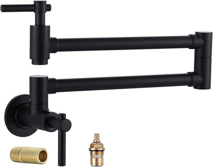 Pot Filler Faucet Wall Mount, Folding Kitchen Faucet with Double Joint Swing Arm, Single Hole Stretchable Brass Faucet with 2 Handles, Black Pot Filler Above Stove