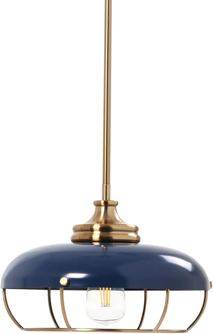 Presley - Caged Dome Metal Ceiling Light, Brushed Brass and Navy Blue