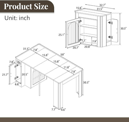 Extendable Drop Leaf Dining Table with Storage, Kitchen Island Cart with Outlet, Rolling Bar Table with Drawers and Glass Door Cabinet for Small Kitchen