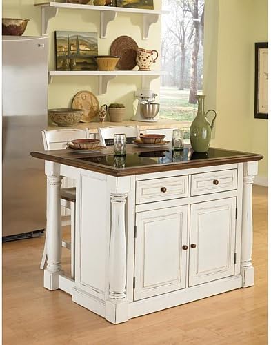 Home Styles Monarch White Kitchen Island with Granite Top, Breakfast Bar, Two Stools, Solid Oak Hardwood Top, Black Granite Inset, Two Drawers, and Four Adjustable Shelves