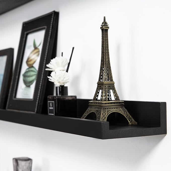 AZSKY 24 Inch Picture Ledge Shelves Set of 3, Rustic Wood Floating Shelves for Photo Frames, Nursery & Kids Book Shelves, Wall Mounted Bathroom Organizer (Black)