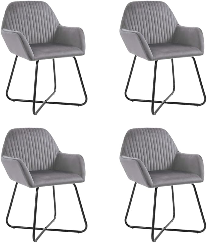 Modern Velvet Dining Chairs Set of 4 Gray Accent Chairs with Steel Legs for Kitchen Living Room Farmhouse Comfortable Seating Furniture