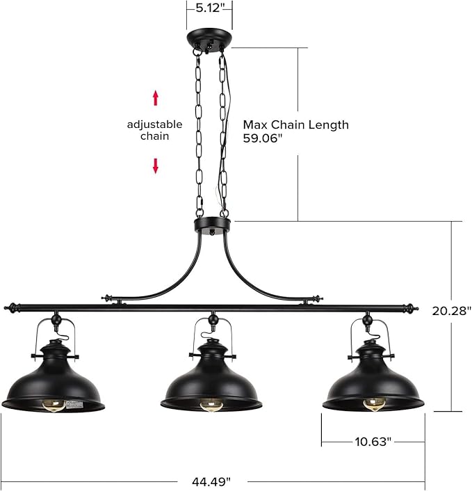 GZBtech Vintage 3-Light Pendant Lighting Fixture, 59.06'' H Adjustable Rustic Hanging Billiard Light Over The Pool Table, Industrial Black Metal Chandelier for Dinning Room Kitchen Island, UL Listed