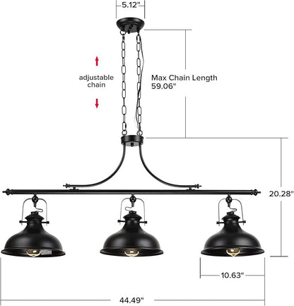 GZBtech Vintage 3-Light Pendant Lighting Fixture, 59.06'' H Adjustable Rustic Hanging Billiard Light Over The Pool Table, Industrial Black Metal Chandelier for Dinning Room Kitchen Island, UL Listed