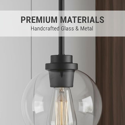 Globe Pendant Light – 7 Inch Clear Glass Modern Hanging Fixture, Black Finish Adjustable Height & Sloped Ceiling Compatible for Kitchen Island Dining Room Bedroom Hallway Farmhouse, 1 Pack