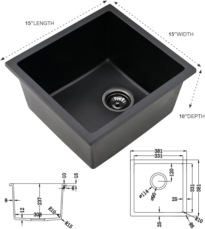 15 Inch Black Bar Sink Undermount Quartz-iAnomla 15x15 Undermount Bar Sink Black Bar Prep Sink Quartz Composite Small Rv Kitchen Sink Single Bowl Mini Kitchen Sink with Bottom Grid