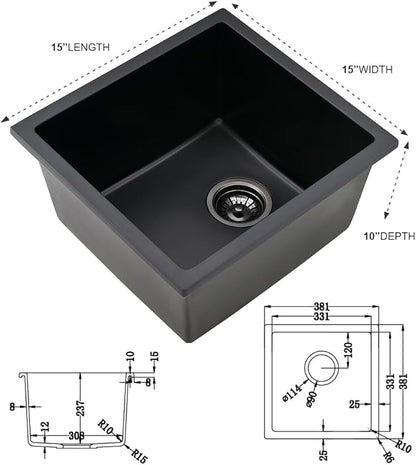 15 Inch Black Bar Sink Undermount Quartz-iAnomla 15x15 Undermount Bar Sink Black Bar Prep Sink Quartz Composite Small Rv Kitchen Sink Single Bowl Mini Kitchen Sink with Bottom Grid