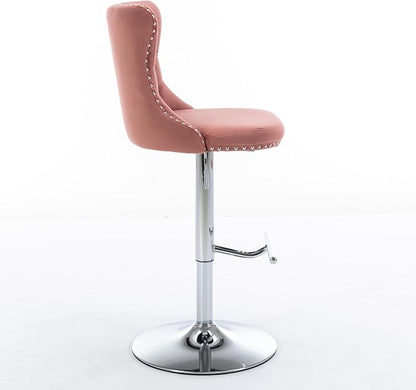 Rhomtree Velvet Swivel Bar Stools Upholstered Bar Stool with Button Tufted Back and Pull Ring Height Adjustable Barstools 25-33 Inch for Home Pub and Kitchen Island (Pink with Silver Base, Set of 8)