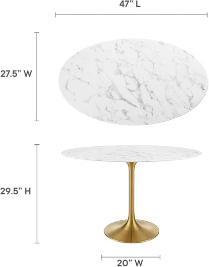 Modway Lippa 48" Oval-Shaped Mid-Century Modern Dining Table with Artificial Marble Top and Gold Base