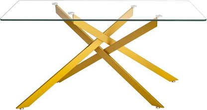 SSLine 60.6" Rectangle Glass Dining Table for 6 Modern Glass Tabletop Kitchen Table for 6 Luxury Dining Room Tables with Gold Nest-Shape Metal Base for Home Kitchen Dining Room