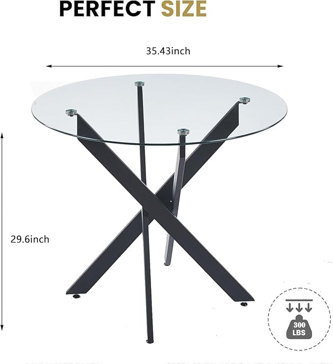 36'' Round Glass Dining Table for 2-4, Round Dining Room Table for Small Space, Circular Glass Kitchen Table for 4, X-Shape Black Metal Legs
