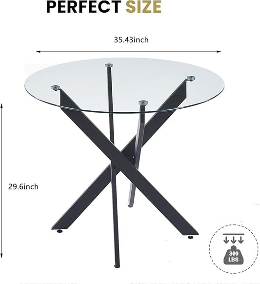 36'' Round Glass Dining Table for 2-4, Round Dining Room Table for Small Space, Circular Glass Kitchen Table for 4, X-Shape Black Metal Legs