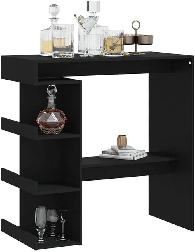 Bar Table Black Engineered Wood, Standard Rectangular Kitchen Dining Table, Modern Design for Indoor Living Space, 3 Shelves, Footrest, 39.4 x 19.7 x 40.0 Inches