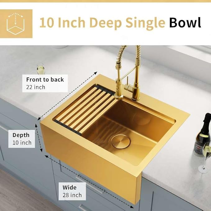 28 Inch Farmhouse Gold Sink, 16 Gauge 304 Stainless Steel Farm Sinks, Drop In Topmount Single Bowl Workstation Sink with all Accessories, 28" x 22" x 10" Deep Kitchen Sink