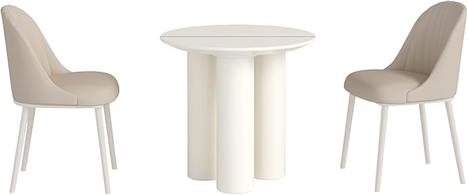 Miuuod 29.92 White Round Dining Table with 2 Chairs, Space Saving Coffee Table Set for 1-4 People, Sturdy Kitchen Table, Leisure Side Table for Balcony,Center Sofa Table,Small Desk