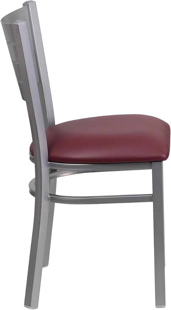 Flash Furniture HERCULES Series Silver Slat Back Metal Restaurant Chair - Burgundy Vinyl Seat