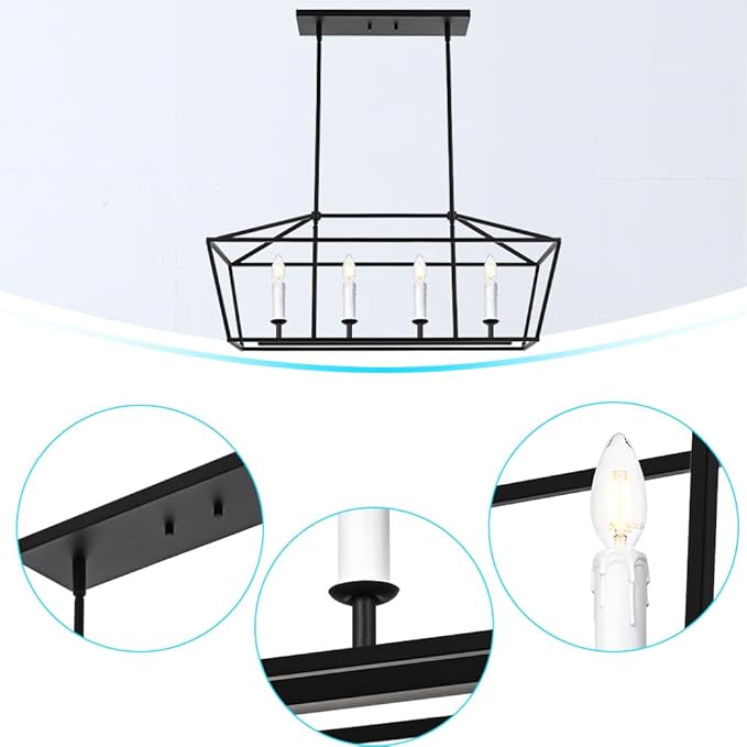 BONLICHT Modern Linear Chandelier Black 4 Light Industrial Kitchen Island Pendant Light Fixtures Ceiling Hanging with Metal Cage Shade, White Farmhouse Chandelier Dining Room Lighting Over Table