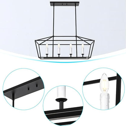 BONLICHT Modern Linear Chandelier Black 4 Light Industrial Kitchen Island Pendant Light Fixtures Ceiling Hanging with Metal Cage Shade, White Farmhouse Chandelier Dining Room Lighting Over Table