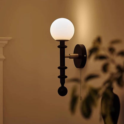 Vintage Wood Wall Sconce Globe Glass Wall Lamp with Pull Chain Switch, Farmhouse Bedside Aisle Deco Lighting Fixture Retro Modern Wooden Wall Light for Living Room Hallway Stairs, E27