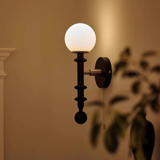 Vintage Wood Wall Sconce Globe Glass Wall Lamp with Pull Chain Switch, Farmhouse Bedside Aisle Deco Lighting Fixture Retro Modern Wooden Wall Light for Living Room Hallway Stairs, E27
