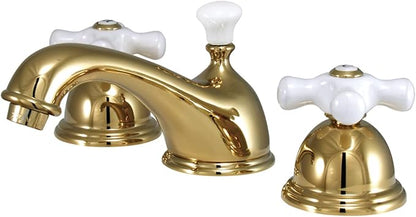 Kingston Brass KS3962PX Restoration Widespread Lavatory Faucet with Porcelain Cross Handle, Polished Brass, 8-Inch Adjustable Center
