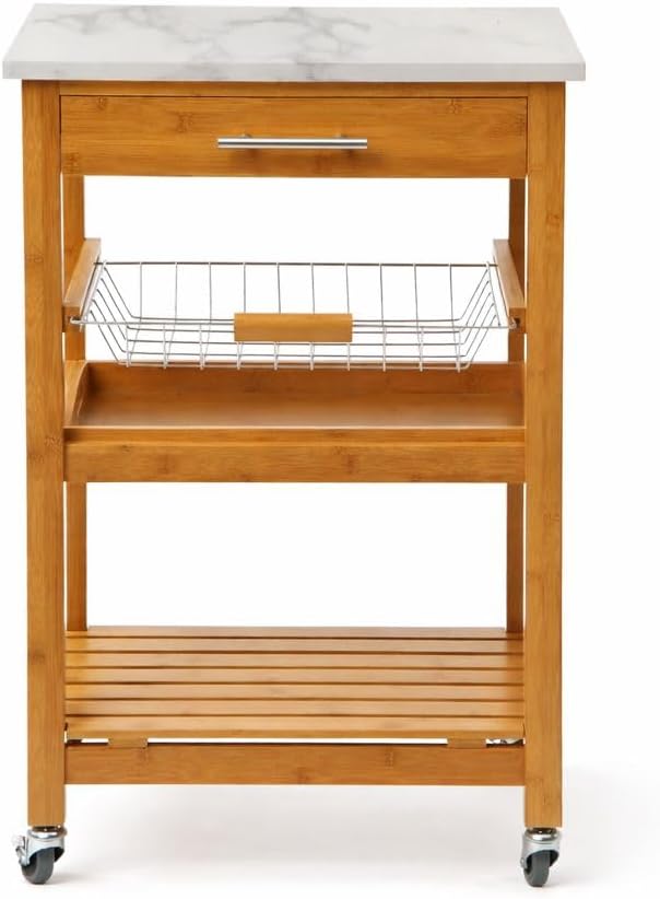 Boraam Aya Bamboo Kitchen Cart with Faux Marble Top