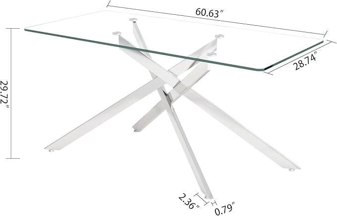 60.63" Rectangular Glass Dining Table,Glass Dining Room Table with Tempered Glass Tabletop and Metal Legs, Modern Style Kitchen Table for Home, Kitchen, Dining Room