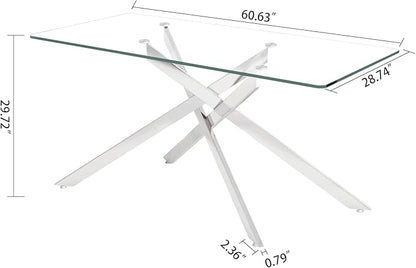 SSLine 60.6" Rectangle Glass Dining Table for 6 Modern Glass Tabletop Kitchen Table for 6 Luxury Dining Room Tables with Silver Nest-Shape Metal Base for Home Kitchen Dining Room