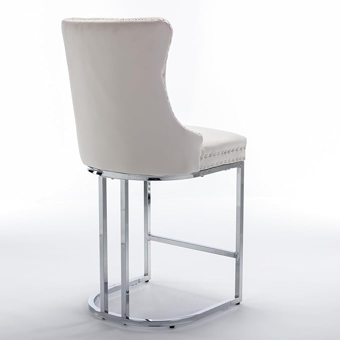 26" Counter Height Bar Stools Set of 2, Modern Velvet Bar stools with Button Back Rivet Trim Upholstered Kitchen Island Chairs with Sturdy Chromed Metal Base Legs Farmhouse Bar Stools, (Beige,2 Pack)