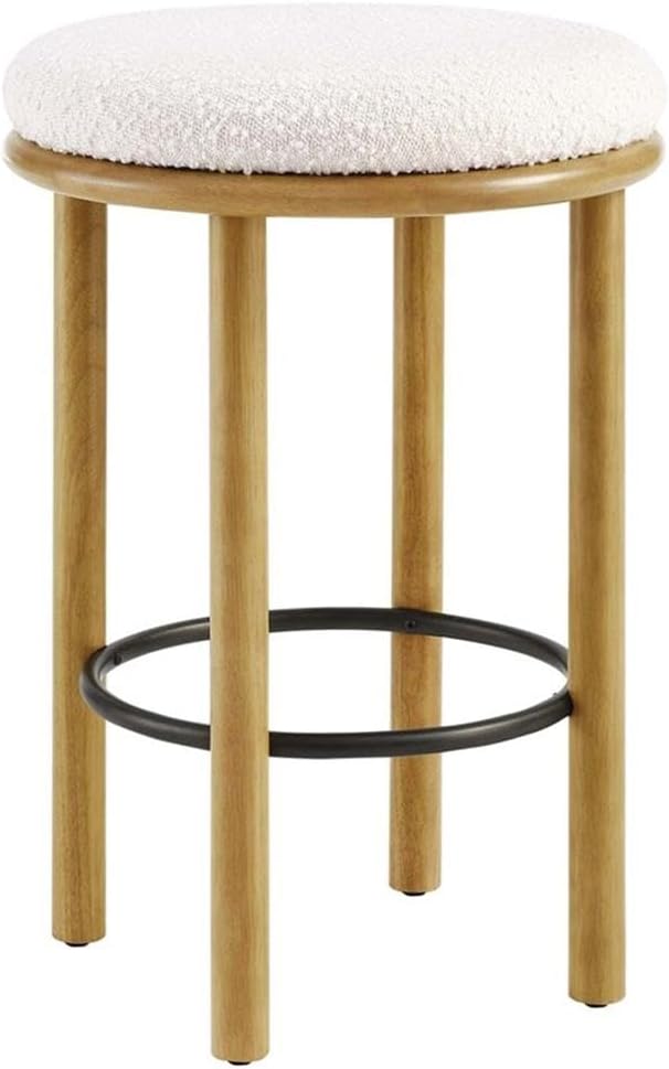 Modway Fable 26 Inch Backless Counter Stools Set of 2 in Oak Ivory - Kitchen Stools Counter Height - 2Pcs Upholstered Padded Boucle Seat for Kitchen Counter or Island with Wood Legs and Footrest