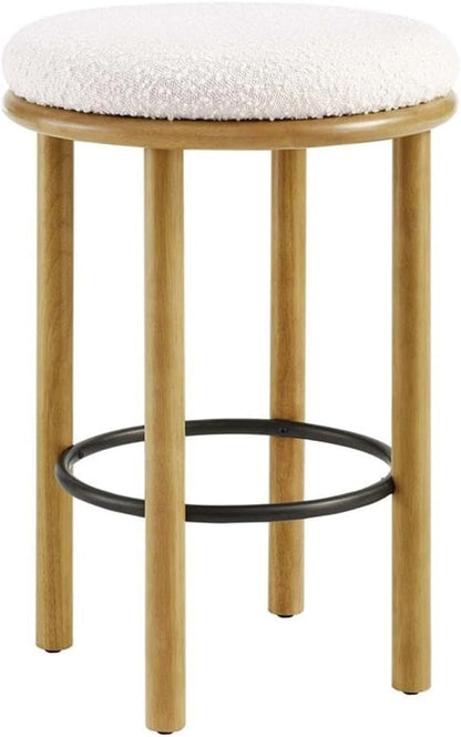 Modway Fable 26 Inch Backless Counter Stools Set of 2 in Oak Ivory - Kitchen Stools Counter Height - 2Pcs Upholstered Padded Boucle Seat for Kitchen Counter or Island with Wood Legs and Footrest