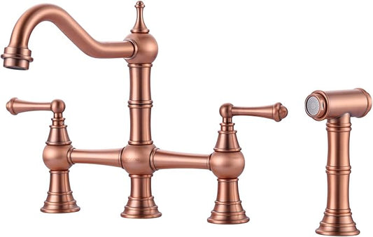 Bridge Kitchen Faucet with Side Sprayer, WOWOW Solid Brass Kitchen Faucet for Sink 4 Hole Copper Kitchen Sink Faucet, Two Handle 8 Inch Centerset Bridge Faucet