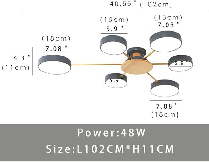 LED Ceiling Lighting 41 Inch 6-Lights Modern Ceiling Lights Flush Mount Recessed Lighting Ceiling Light 48W Adjustable Living Room Bedroom Kitchen, 3000K-6000K Temperature Available Grey