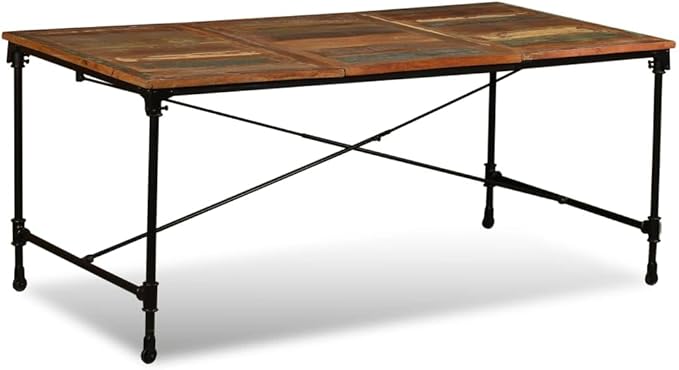 Multicolor Solid Reclaimed Wood Dining Table, Powder-Coated Steel Legs, 35.4x70.9x29.9 Inch, Rectangular Kitchen & Dining Room Table, Seats 6 People