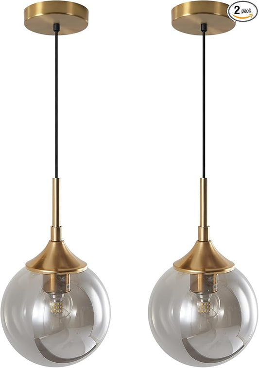 KCO Lighting Modern Gold Pendant Light 1-Light Large Globe Pendant Lights Set of Two Smoke Gray Glass Ball Pendant Light Fixture Dining Room Pendant Lamps Ceiling Hanging (2-Pack)